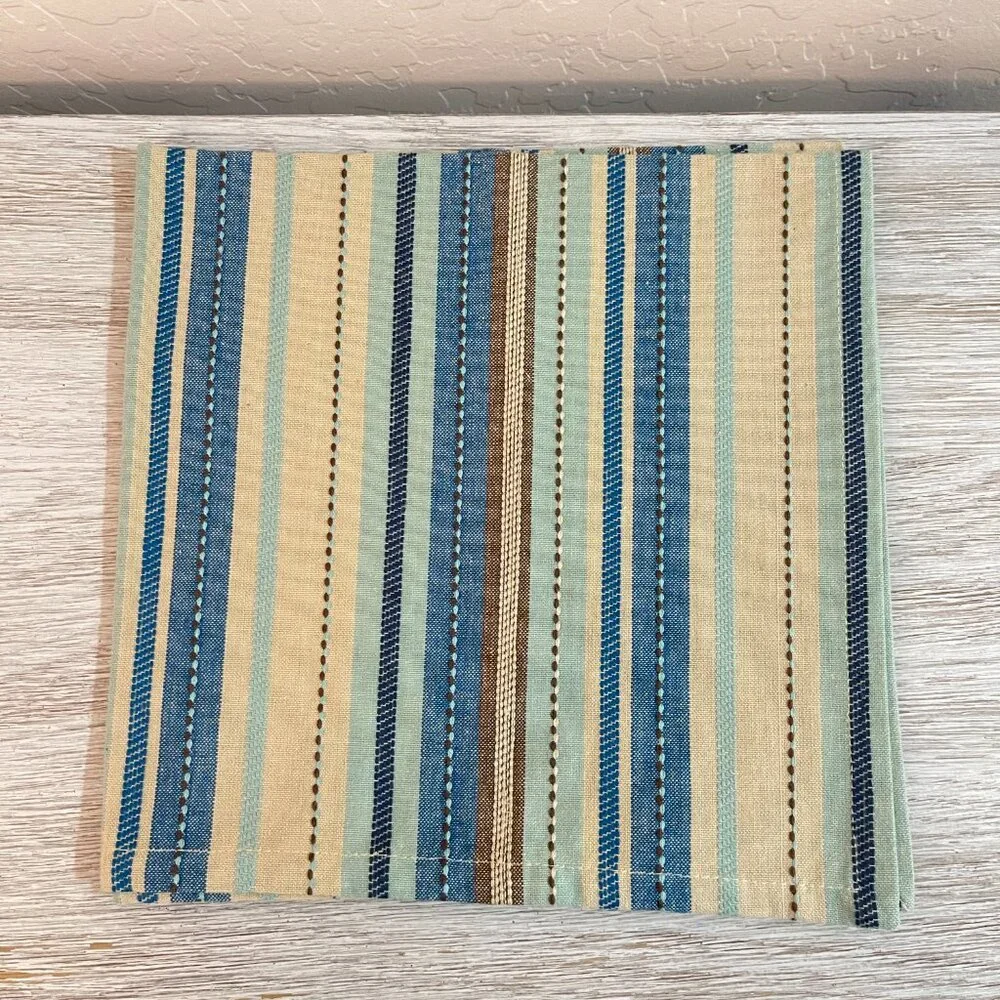 New Set of 4 Bobby Flay Cloth Napkins Rings Stripe Blue Green Tan Brown Linens